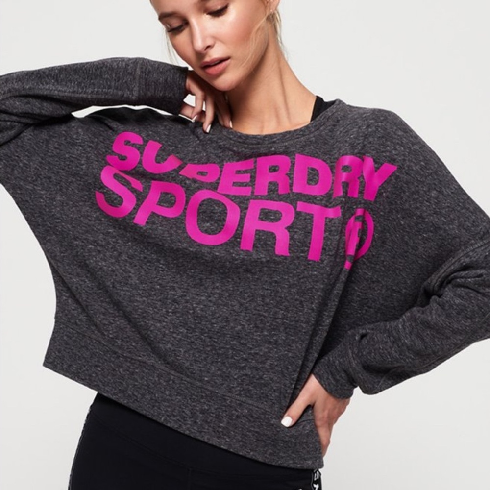 Superdry Womens Batwing Crop Sweatshirt Active Gray/Pink Size 10